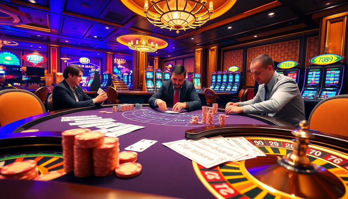 Players enjoying a high-stakes poker game at 789F casino with vibrant atmosphere.