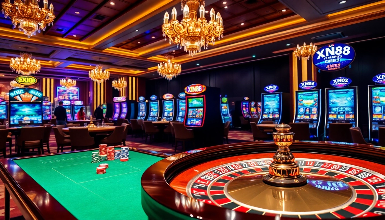 Players engaging in thrilling games at XN88's luxurious casino setting, showcasing roulette and slot machines.