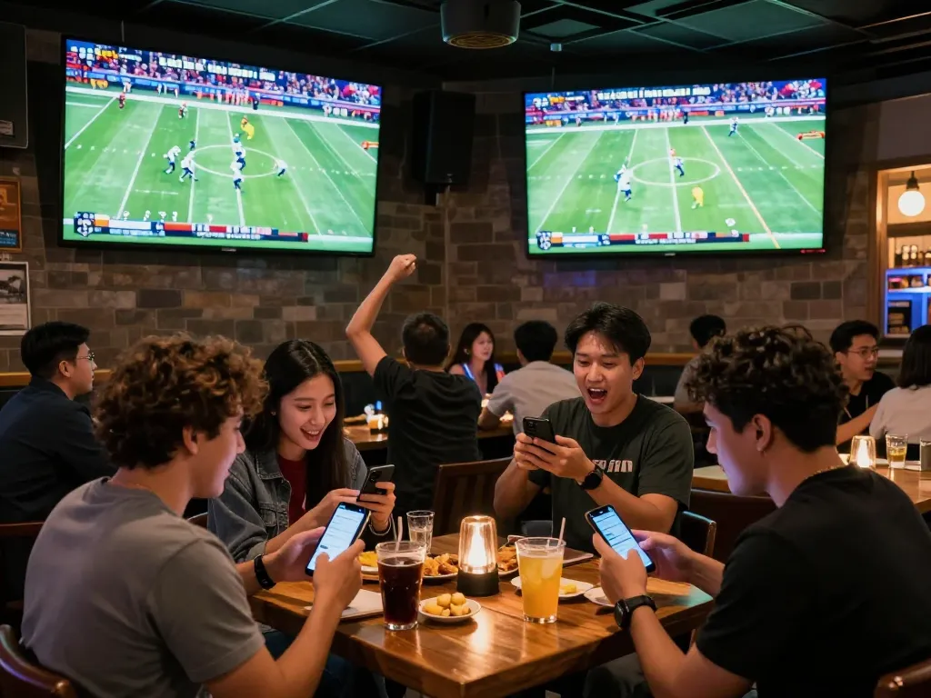 Fans placing bets on footballl games in a lively sports bar, enjoying camaraderie.