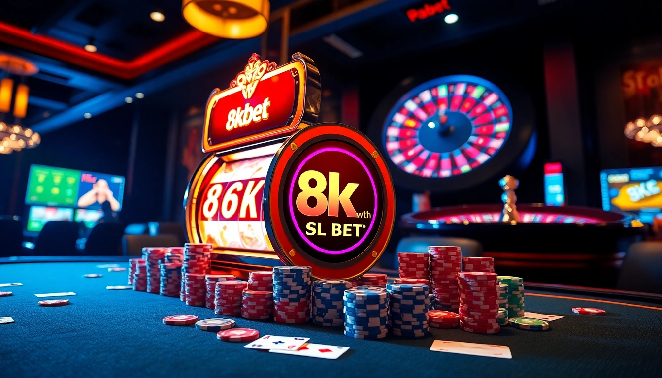 Exciting scene showcasing 8kbet slot machine amidst vibrant casino atmosphere with poker chips and cards.