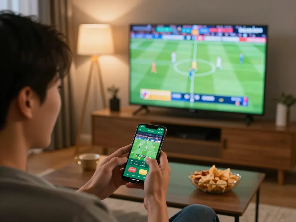 Excited player engaging with LV88 COM sports betting app during a live match at home.
