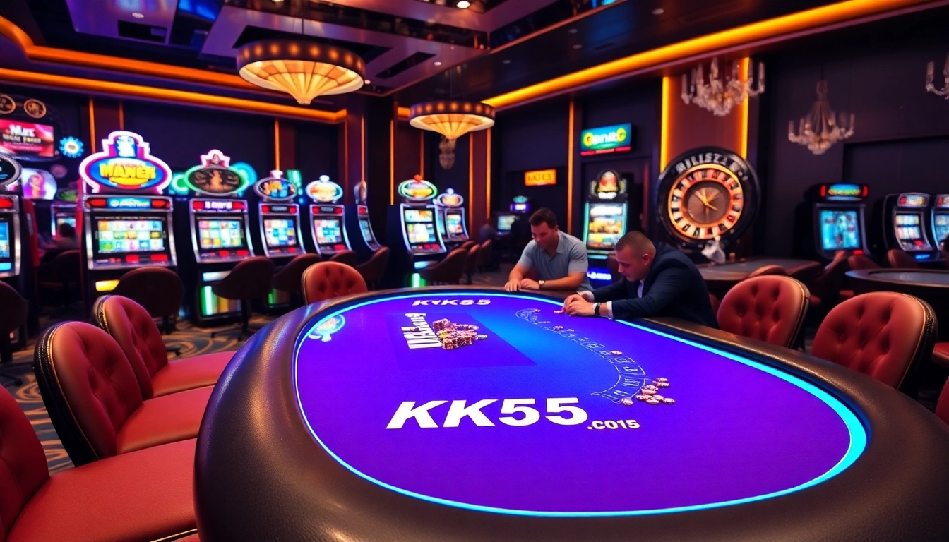 Gamblers enjoying a thrilling game at KK55 casino, with vibrant slot machines and poker chips