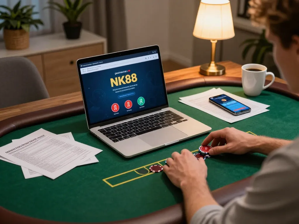Intense moment of playing poker on NK88 online app, showing strategy notes and a laptop setup in cozy environment.