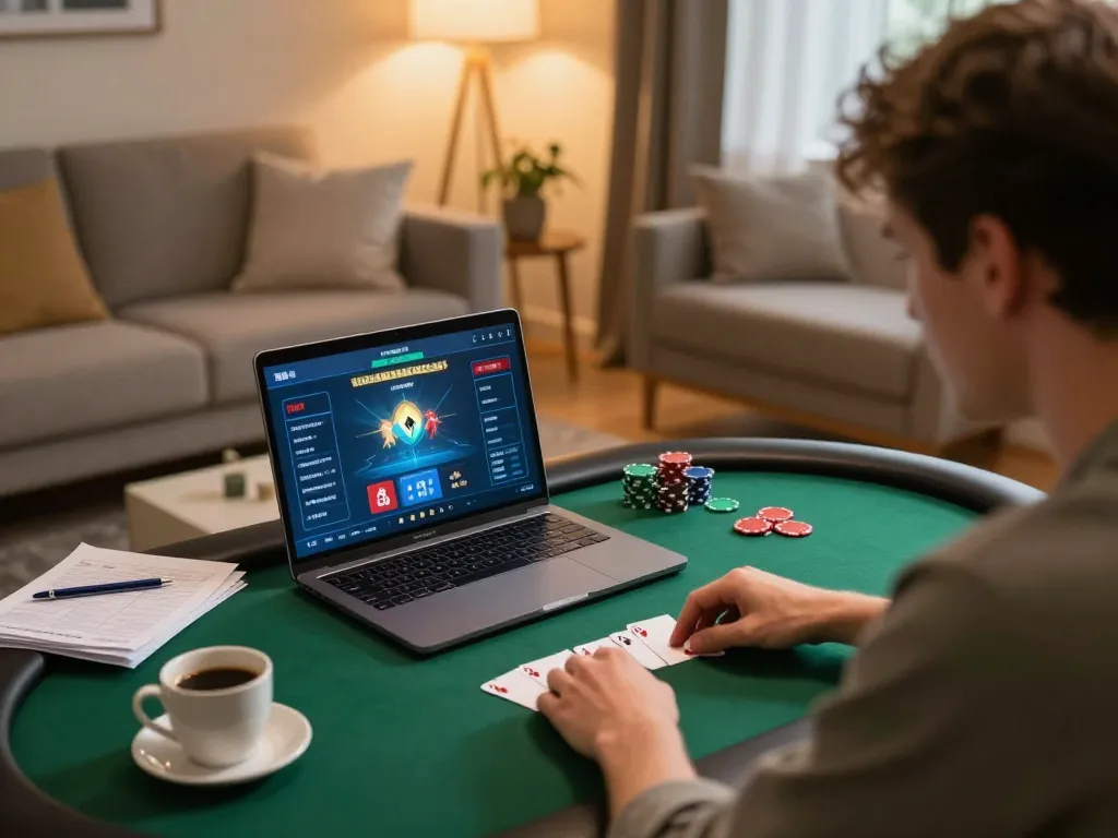 UU88 online player engaged in poker strategy at home with warm ambient lighting