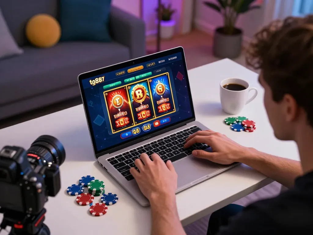 Player engaging with tg887 casino app on laptop during an exciting online gaming session.