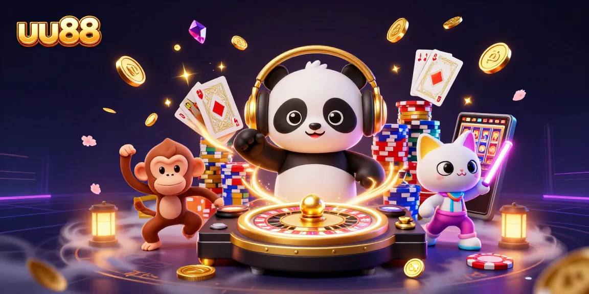 Engage in thrilling play at uu88 with a vibrant 3D casino scene, featuring dynamic characters and glittering game elements.