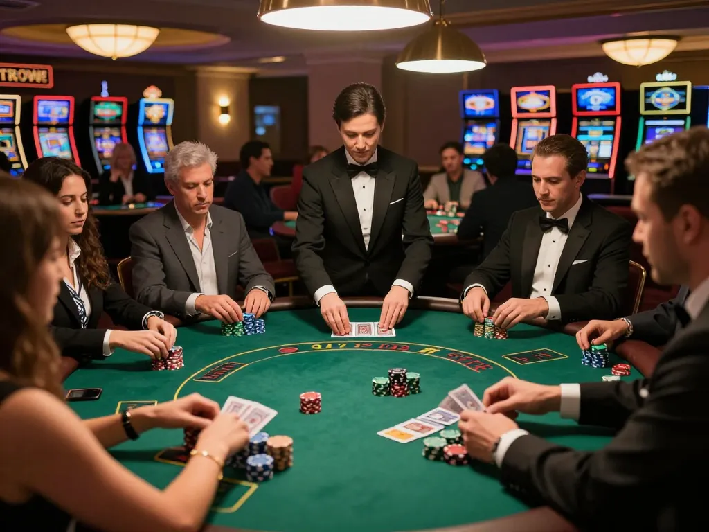Engaged players at a blackjack table enjoying intense gameplay at 68wingame casino with dynamic action.