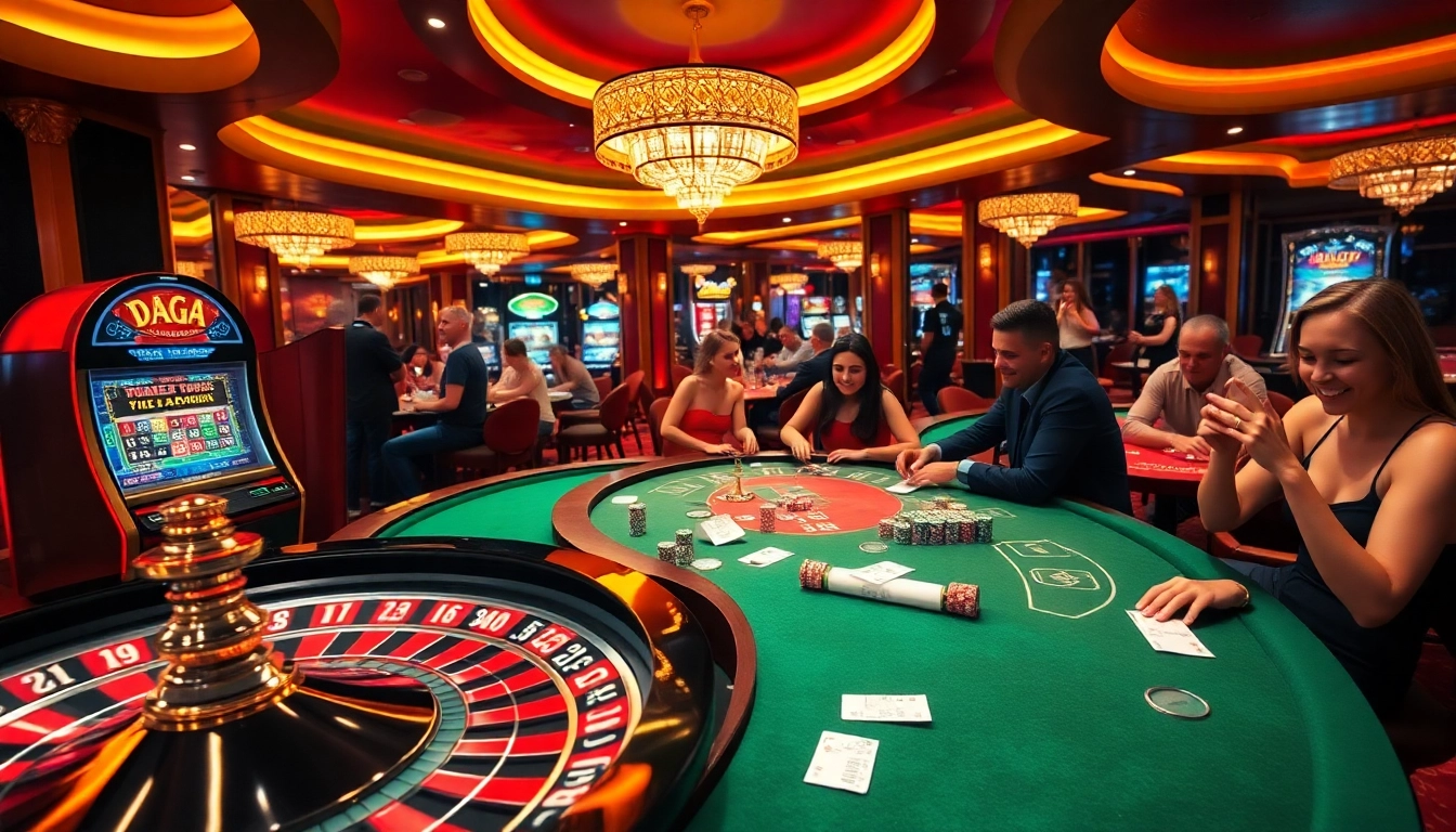 Daga casino scene with players at poker tables and a spinning roulette wheel, evoking excitement.