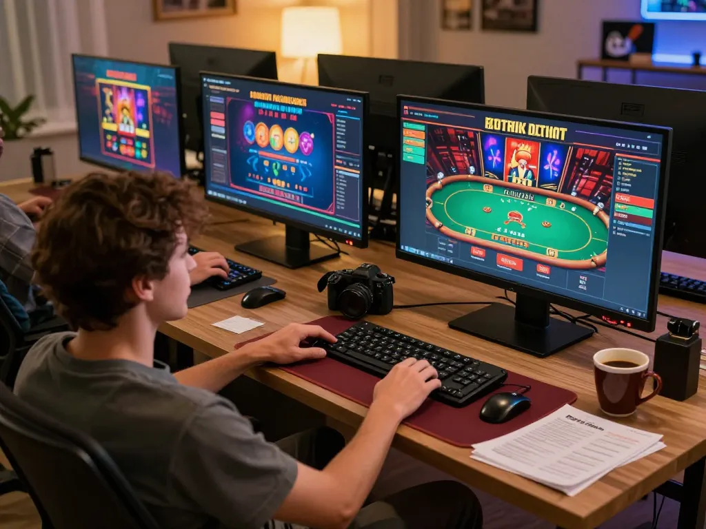 Engaging online gaming setup featuring v788 casino games on multiple screens, showcasing cozy home atmosphere.