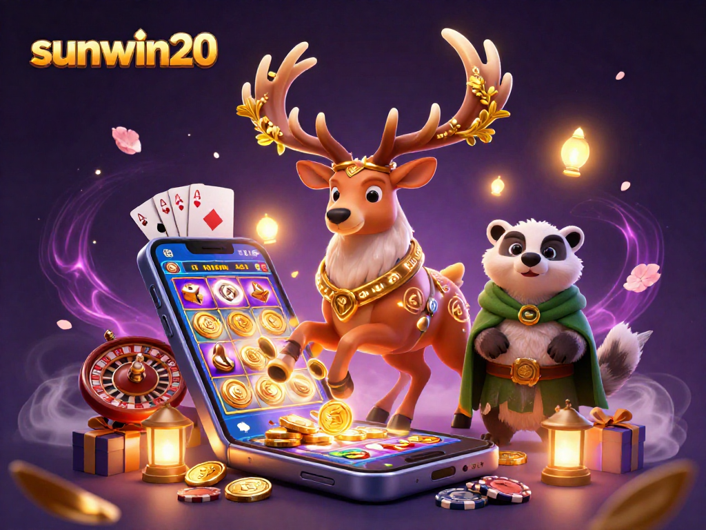 Experience the magic of sunwin20 with a vibrant casino scene featuring dynamic characters and gaming elements.