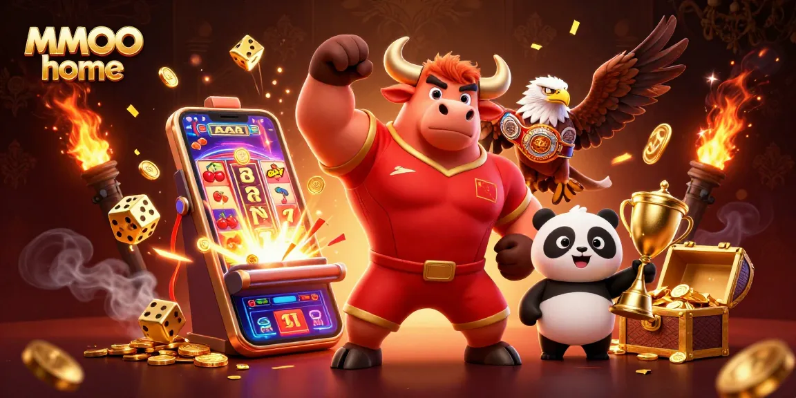 Spin big wins with MMOO home: jackpot slot machine, vibrant characters, and festive casino elements.