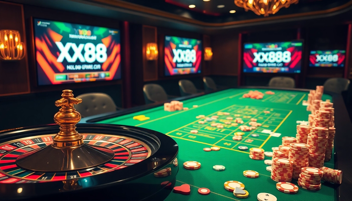 Experience thrilling action at https://xx88casino.com/ with a luxurious casino setting featuring a roulette wheel and poker table.