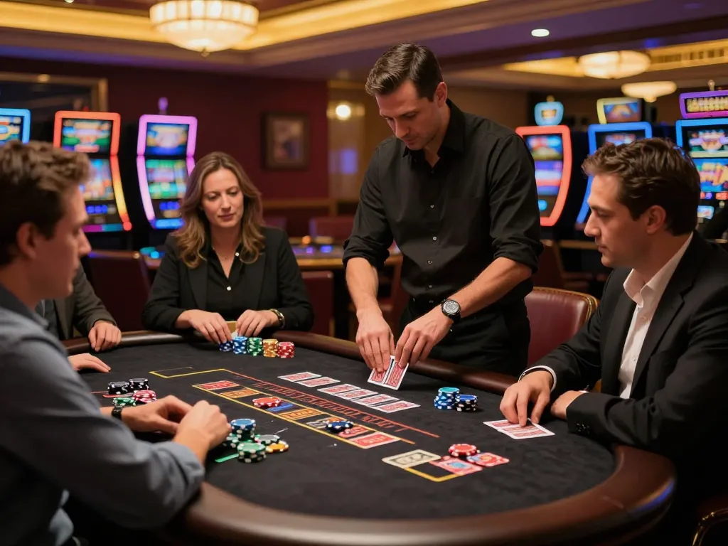 Experience strategic blackjack gameplay at https://max88sss.com/ featuring players engaged and dealer dealing cards.