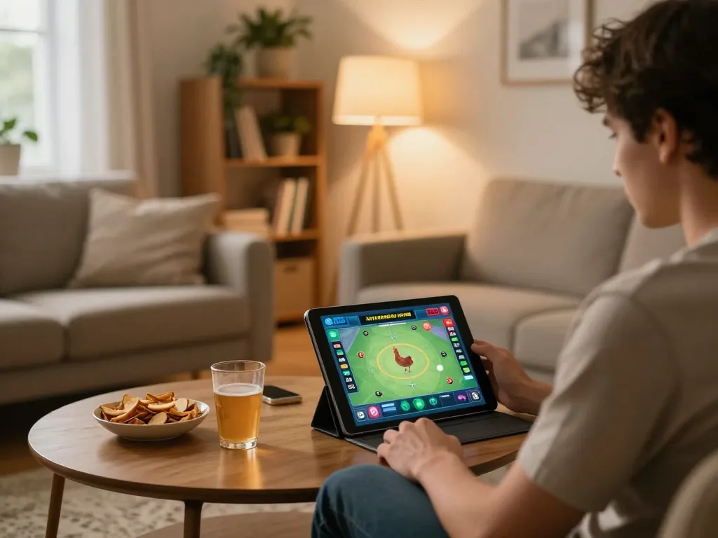 Daga online betting experience showcased in a cozy home setting with a tablet and snacks