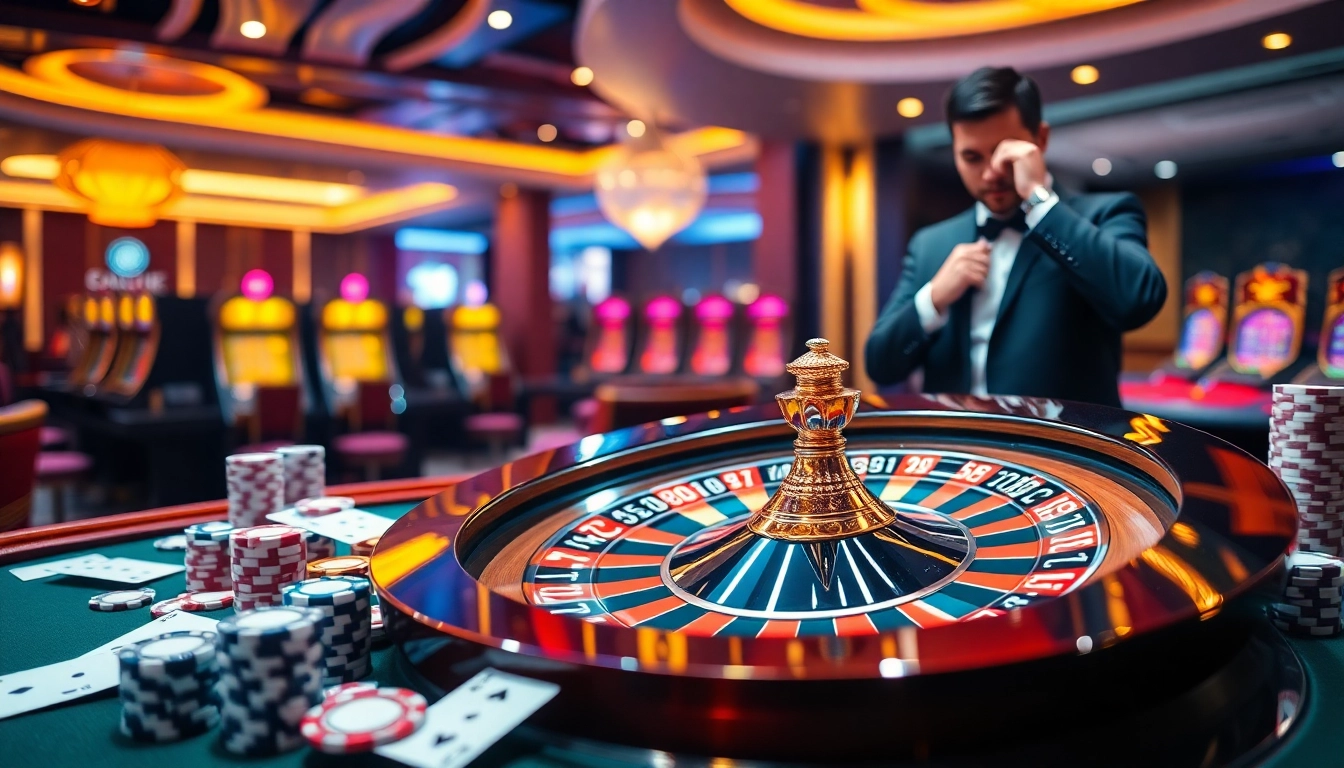 Action-packed scene of a gambler betting strategically at nhà cái 79king's roulette wheel in a vibrant casino.
