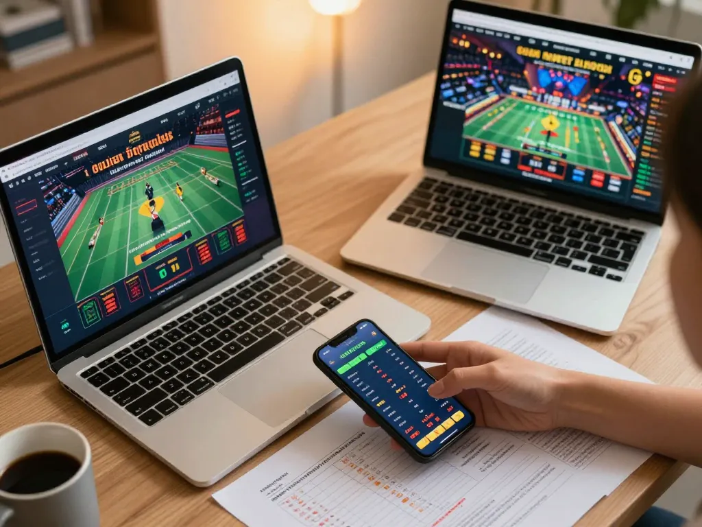 View of smartphone displaying keo nha cai sports betting odds alongside a laptop for online gaming.