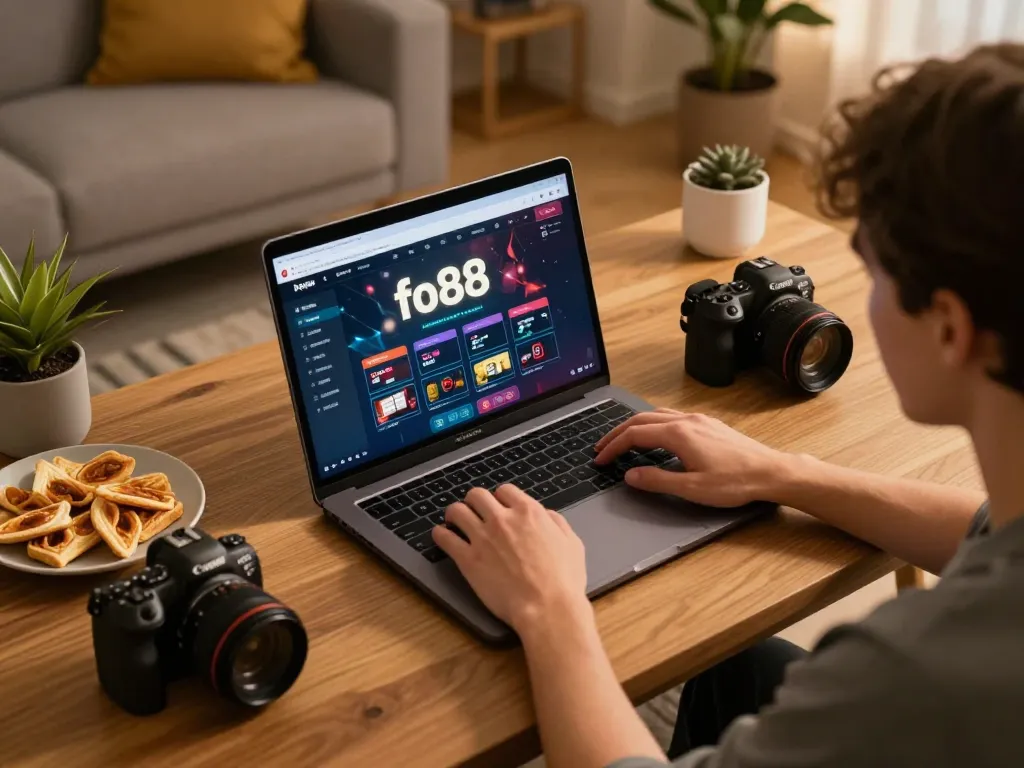 Player using fo88 online casino app on laptop in a cozy gaming setup, reflecting responsible gambling at home.