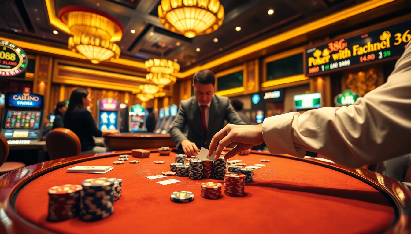Experience the excitement of gambling at Jun88 with a vibrant casino scene featuring poker and roulette.