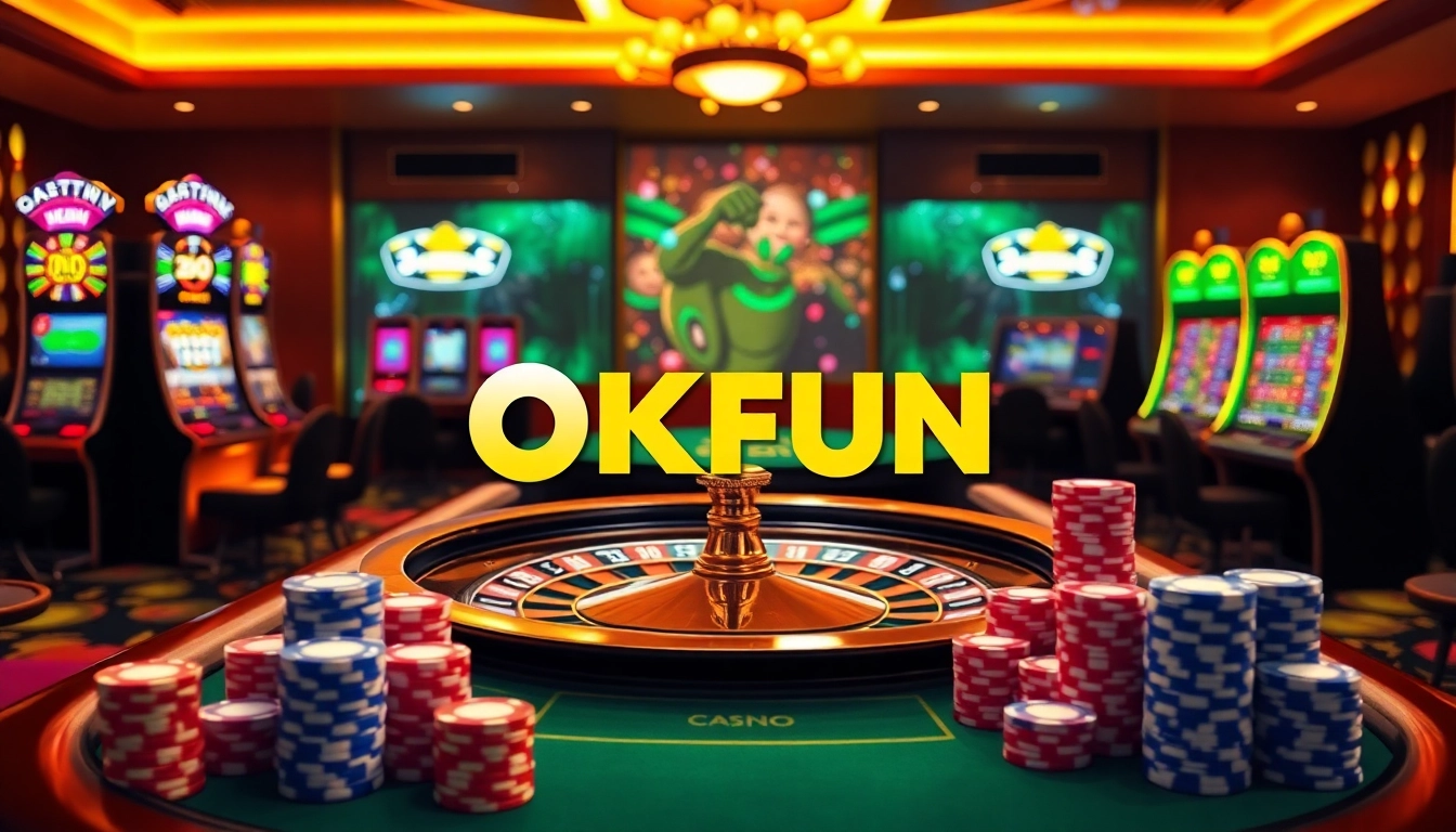 OKFUN casino scene showcasing vibrant slot machines and poker chips, capturing excitement.
