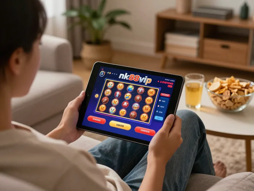 Engaging online gaming experience on nk88vip app featuring vibrant slot games in a cozy home setting.