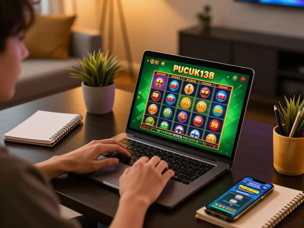 Player engaging with PUCUK138 online slots on a laptop, demonstrating modern online gambling.