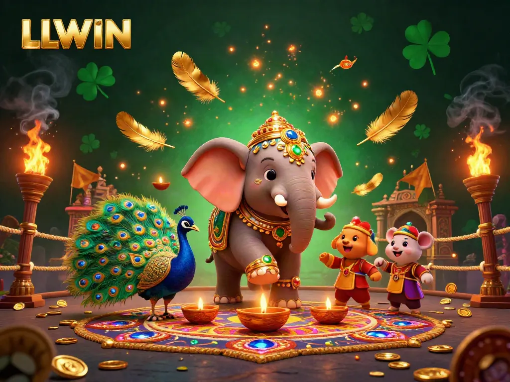 Engage with LLWIN's colorful casino scene featuring an ornate elephant, peacock, and golden elements.