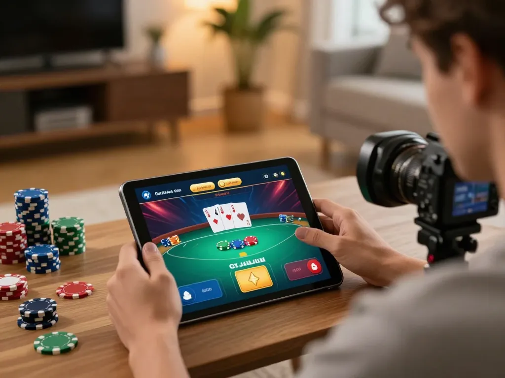 Engaging in strategic online poker gameplay with 68gamebaivn on a tablet in a cozy home setting