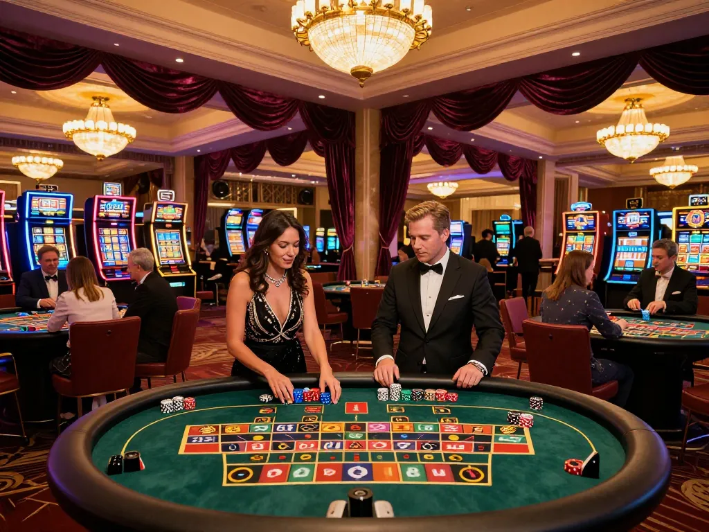 Players enjoying a lively gambling experience at https://9bet9.in.net casino floor with roulette and slot machines.
