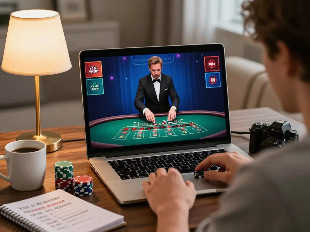 Player engaged in live dealer blackjack game on laptop at home, enhancing nn888 gambling experience.