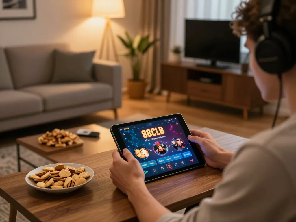 Player engaging with 88clbgo casino app on tablet during a cozy gaming session