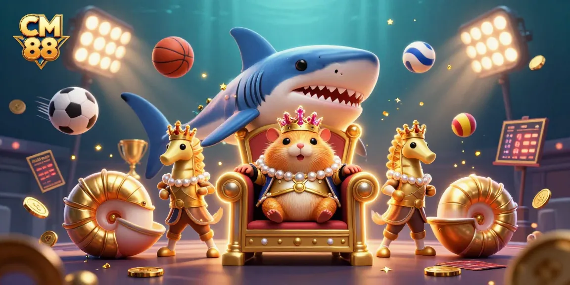 Experience the thrilling world of CM 88 with the golden hamster king amid dynamic sports elements and luxurious casino visuals.