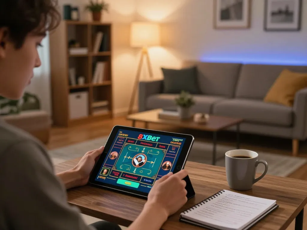 Person actively placing bets on 8xbet tablet while enjoying a cozy gaming atmosphere.