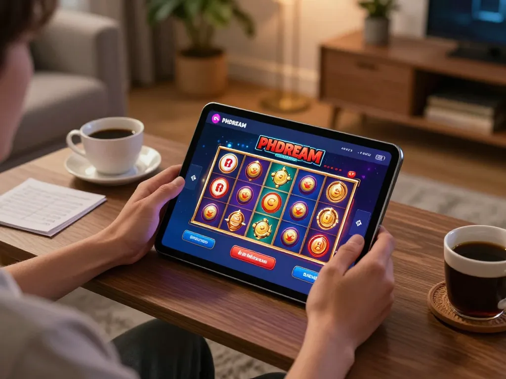 PHDREAM6268 player spinning the reels on a tablet, immersed in online casino action at home.