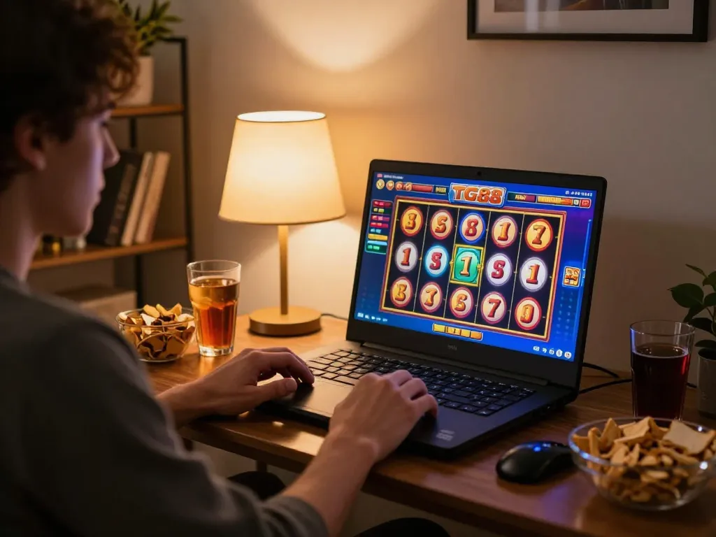 Player enjoying an exciting slot game on TG88 platform in a cozy home setting