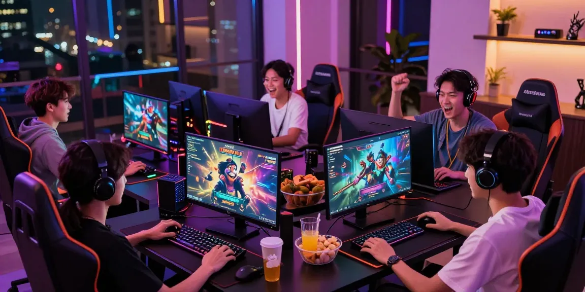Friends enjoying game đổi thưởng in a vibrant gaming lounge atmosphere.