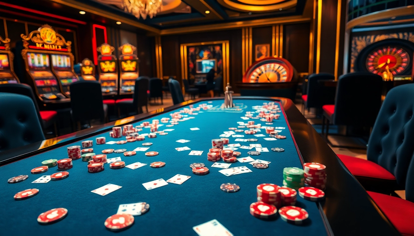 Participe de jogos emocionantes na mesa de cassino de luxo da KK55, cercada por fichas de poker vibrantes.