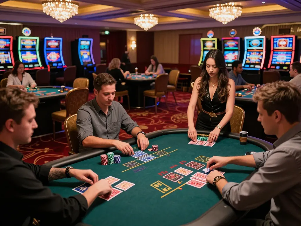 Sunwin players placing bets at live blackjack table in upscale casino, showcasing intense gameplay