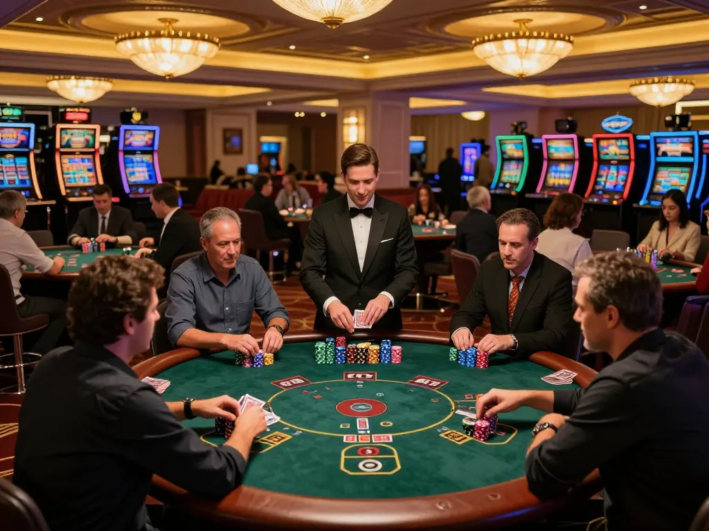 SX88 casino players engaged in an exciting blackjack game, showcasing strategic betting and vibrant casino atmosphere.