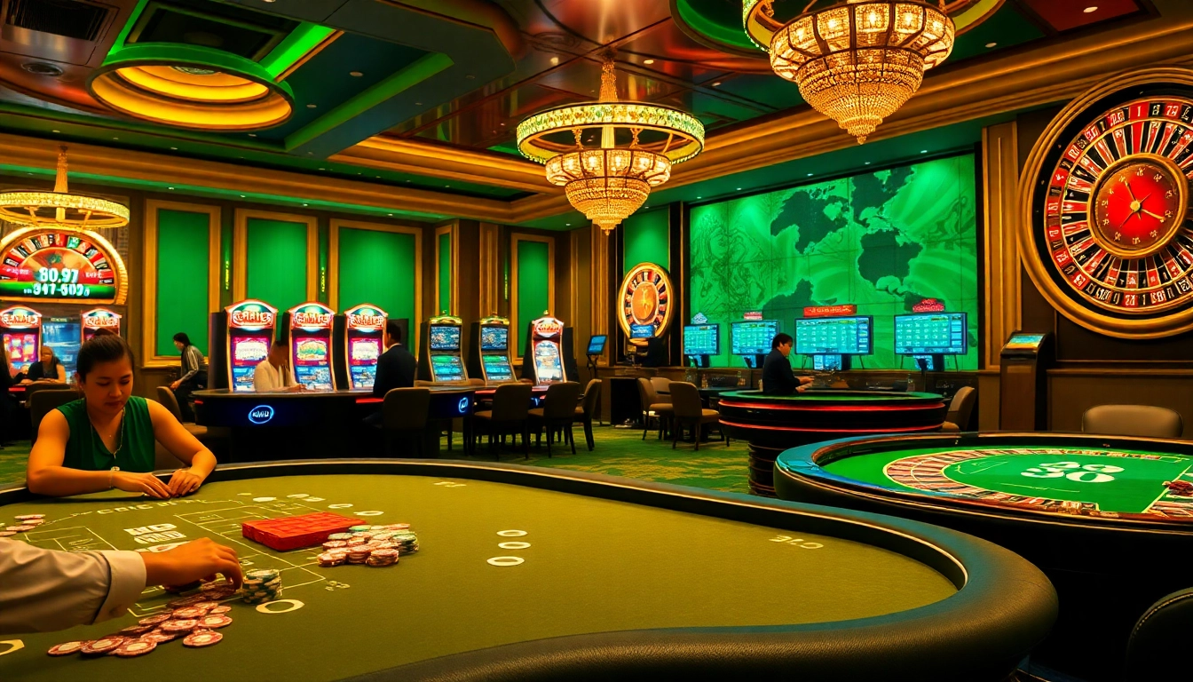 A vibrant casino scene showcasing elements of nhà cái nk88, with players engaged at poker tables and illuminated slot machines.