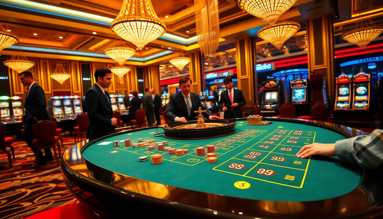 Excited players engaging in a vibrant SODO66 casino experience with chips and cards on a luxurious table.