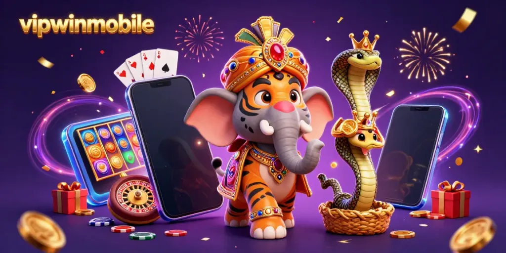 Experience thrilling action at vipwinmobile with 3D cartoon characters celebrating a dynamic casino atmosphere.