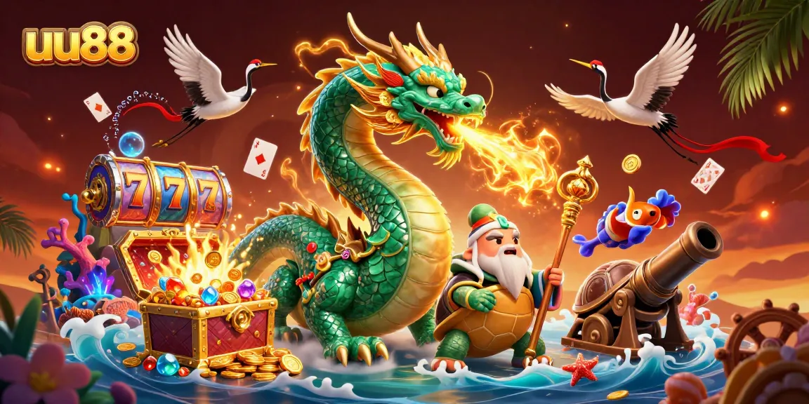 Engage with exciting gameplay at uu88 with a vibrant scene featuring dragons, treasure, and slot reels.