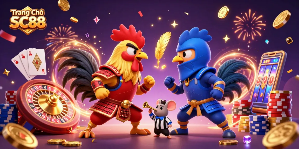 Experience thrilling action at Trang Chủ SC88 with dynamic fighting roosters and vibrant casino elements.