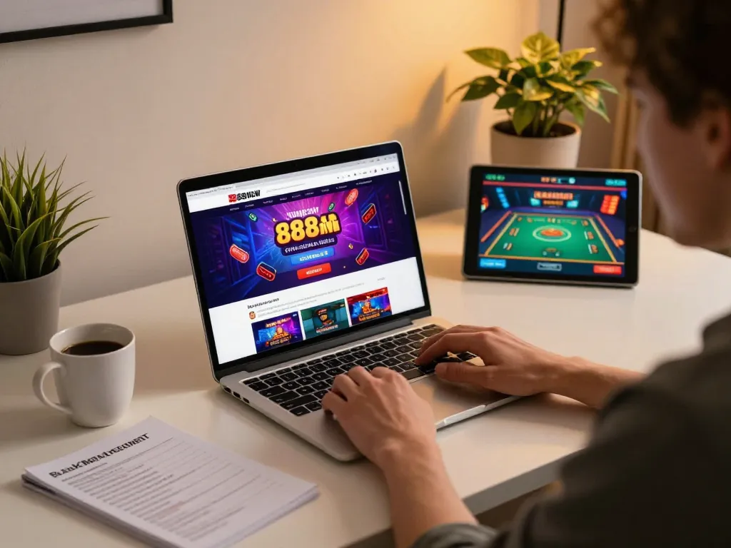 Engaging user exploring 888NEW gaming options on a laptop, featuring live dealer games and responsible gaming notes.