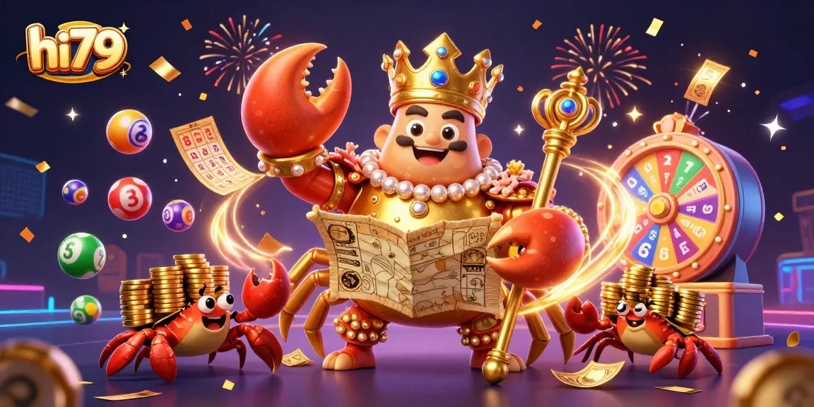 Engage with hi79 in this dynamic illustration showcasing gaming excitement, golden crab emperor, and vibrant lottery elements.