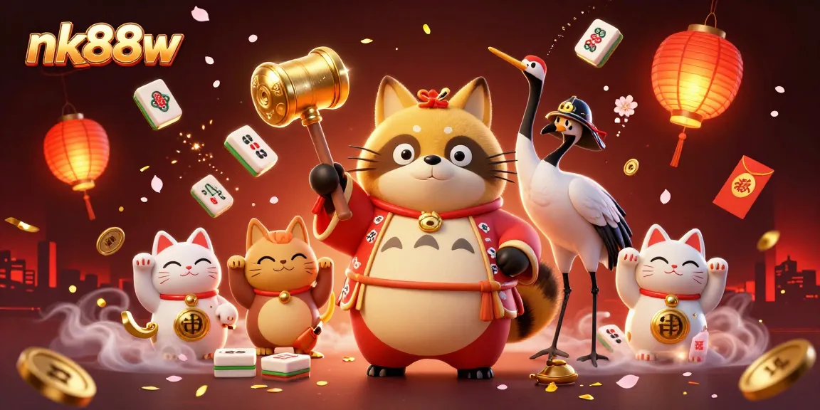 Experience thrilling gameplay at nk88w with our vibrant illustration of a cheerful tanuki and lucky symbols.