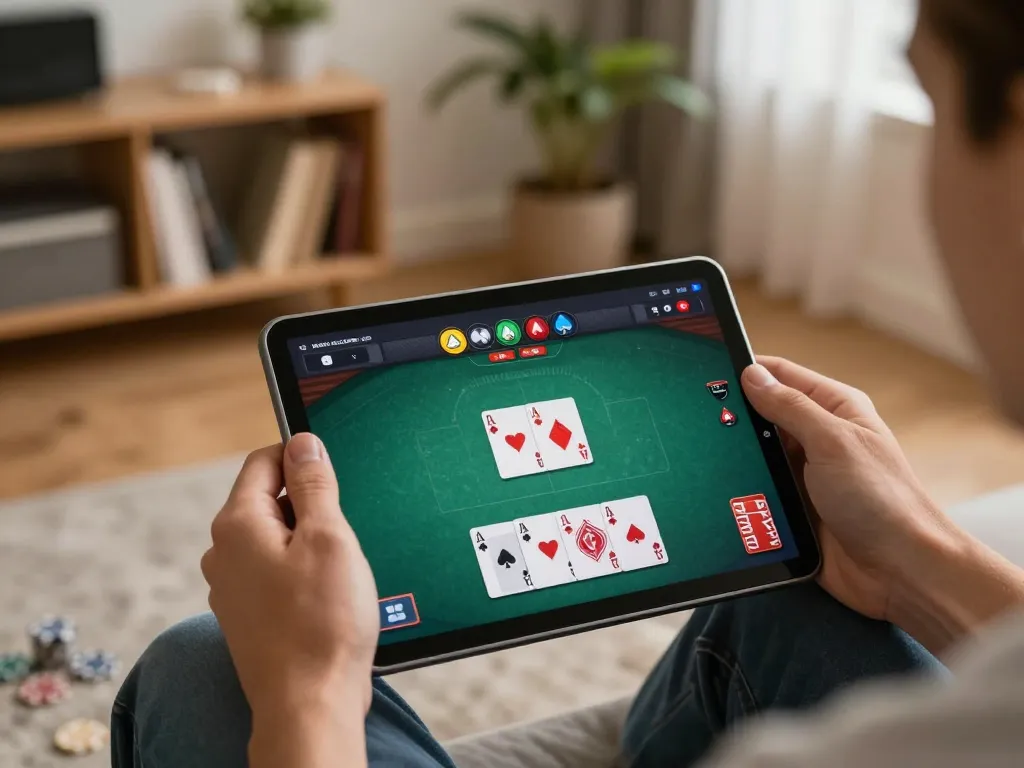 Player immersed in online poker game on ww88, showcasing vibrant card interface in cozy home setting.
