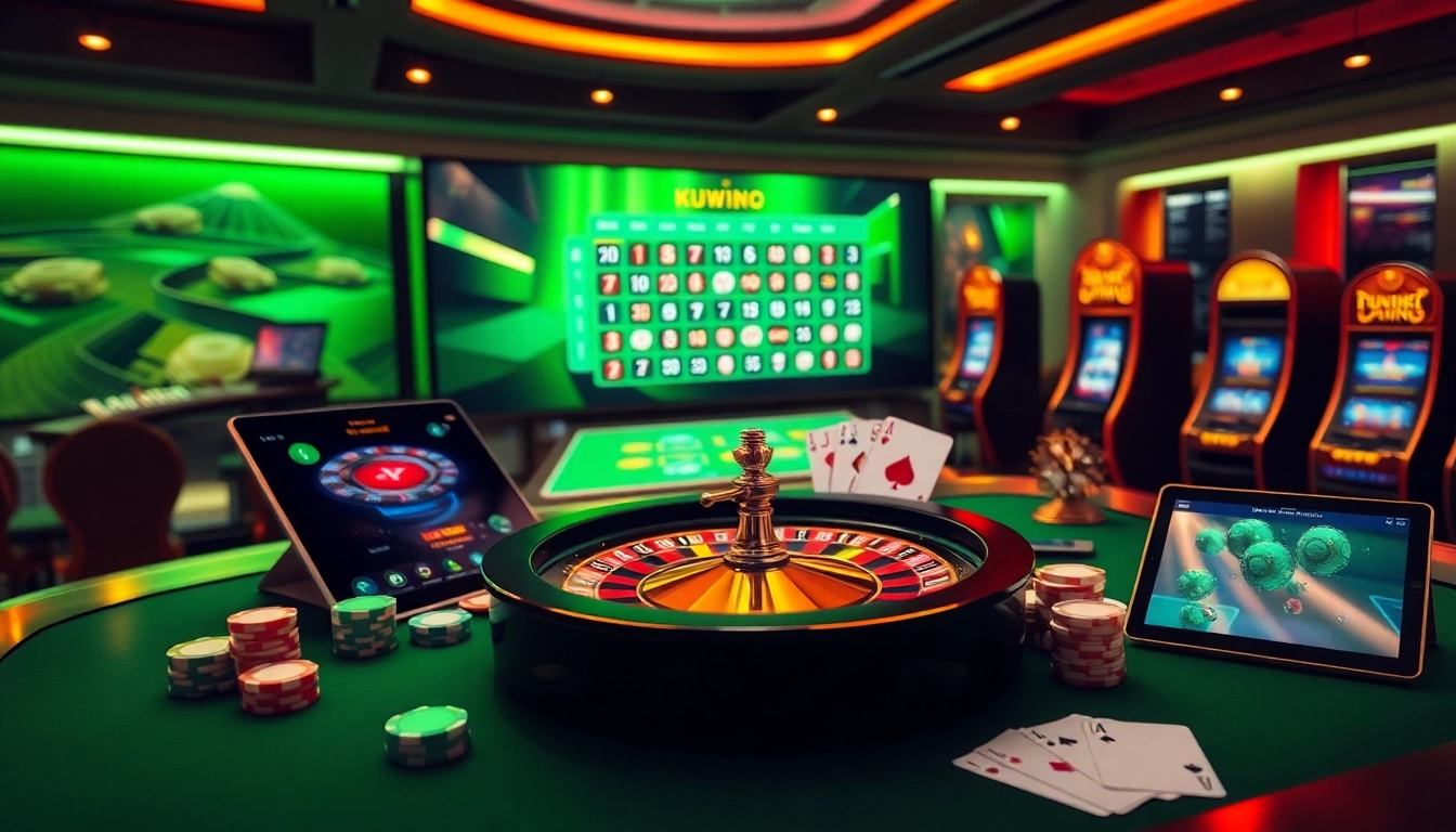 Experience the thrill of betting at KUWIN with a vibrant online casino interface featuring roulette and poker chips.