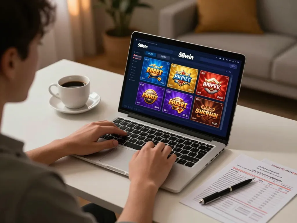 Player engaging with 58win platform for online casino gaming, showcasing user-friendly interface and cozy ambiance.