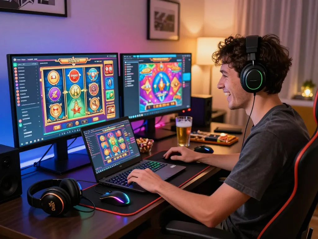 A vibrant online gaming experience featuring a player engaging with betting options at https://qe8.beer/, surrounded by colorful virtual slot games and a cozy atmosphere.